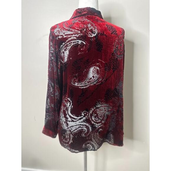 Laura Ashley Women Button Top Large Silk Red Sheer Velvet Burnout Paisley Office - Picture 4 of 10